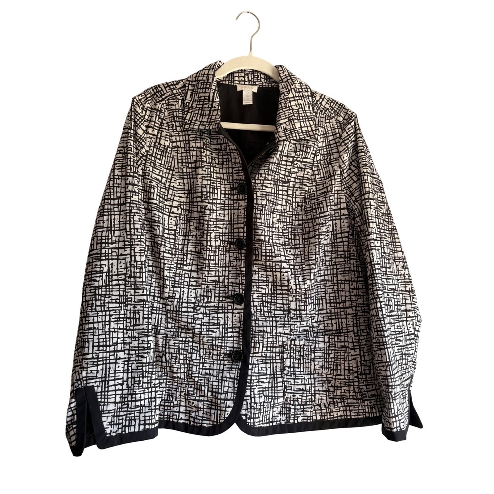 Chico's Black White Abstract Grid Print Blazer Jacket Button Front Size 2 L